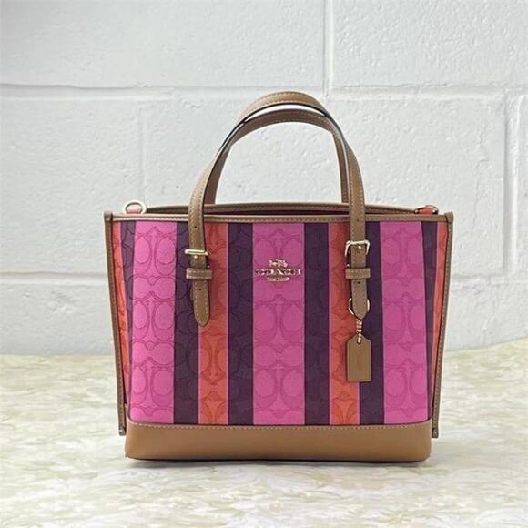 Coach Mollie 25 Tote in signature jacquard with stripes C4086 pink burgu… - Picture 1 of 6